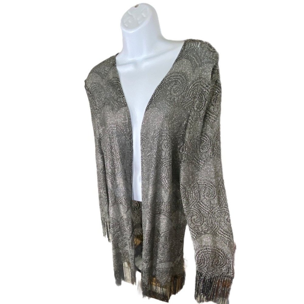 Vintage Bohemian Silver Metallic Flapper Fringe Longline Duster size 14